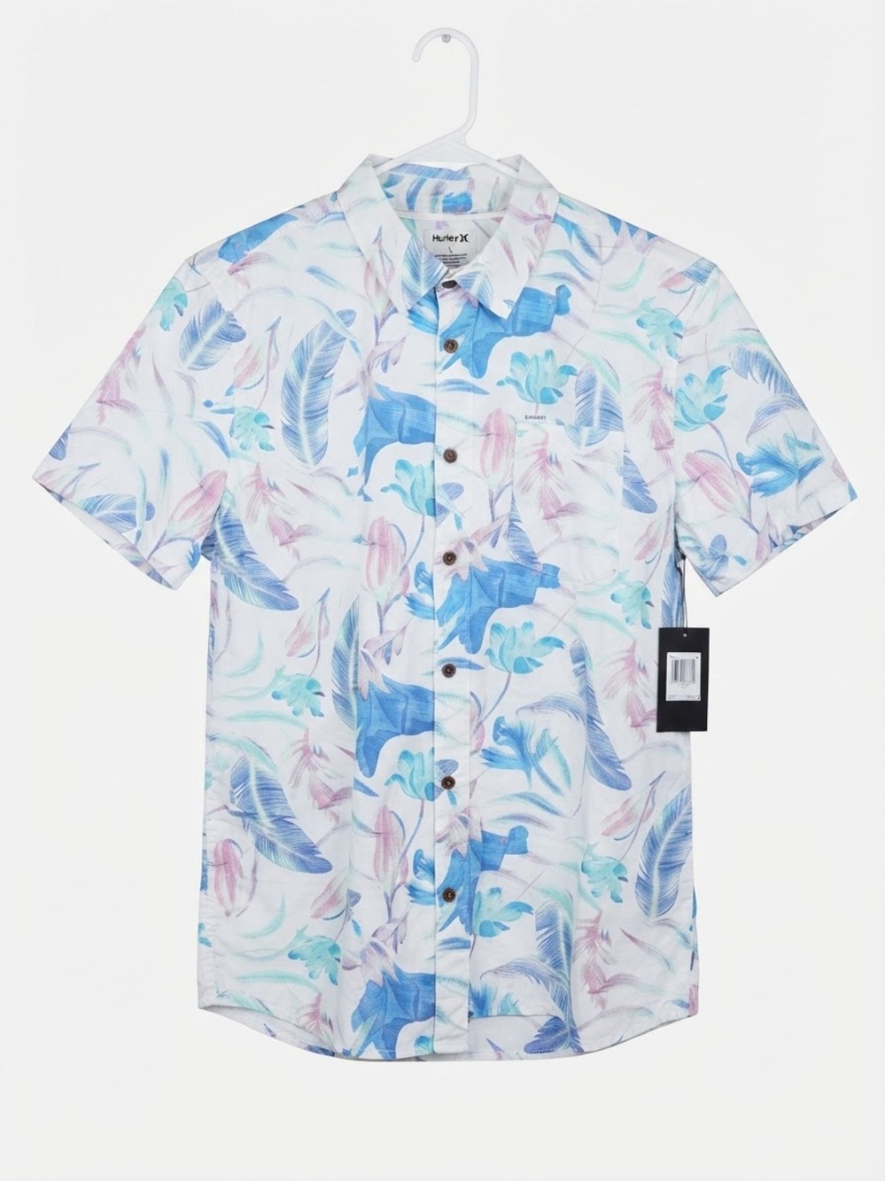 Hurley White Short-Sleeve Button-Up with Blue and Pink Tropical Print